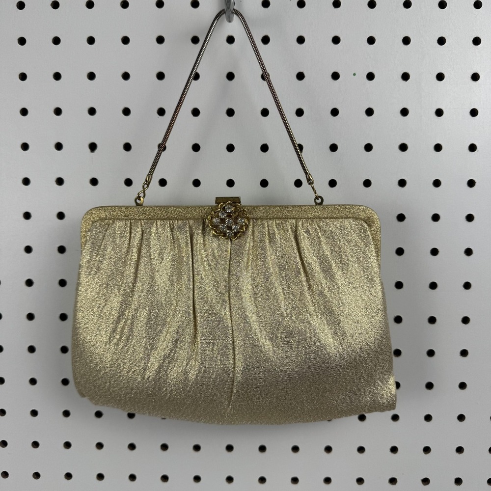 Vintage Ande Clutch Bag Womens Small Gold Satin Rhinestone Formal Evening